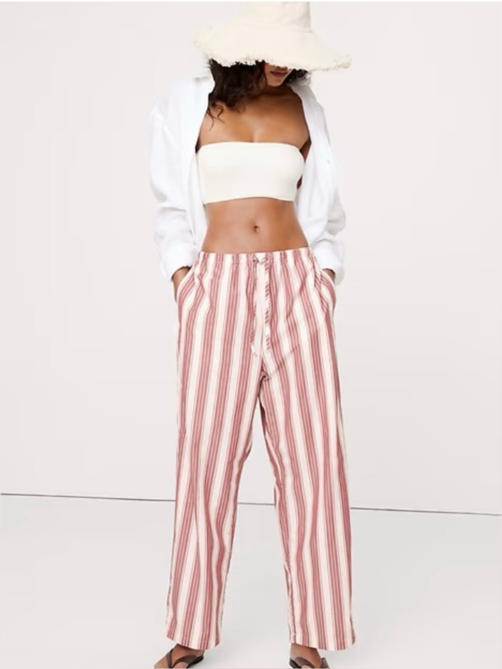 Banana Republic Cotton Poplin Pull-On Striped Wide Leg Pants Red & White XXS